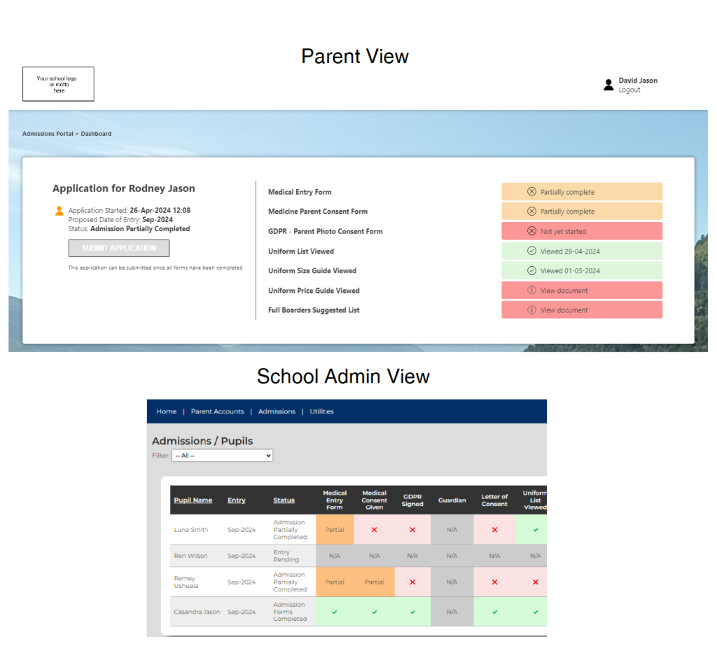 Overview of Parent View and Admin view for bespoke school admissions portal